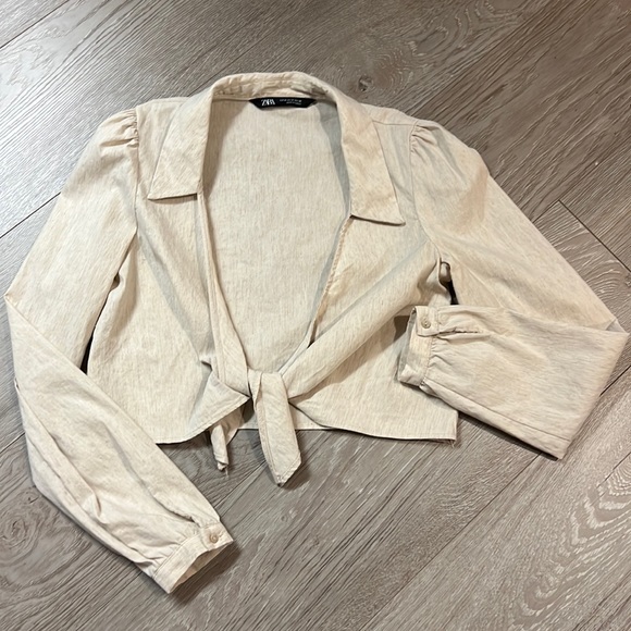 Zara Linen Long Sleeve Knot Crop Top - Picture 1 of 3